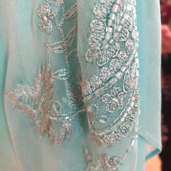 Silk Slip Dress in Tiffany Blue with Sheer Jacket Beaded Size 8 by Scala - Picture 8 of 16